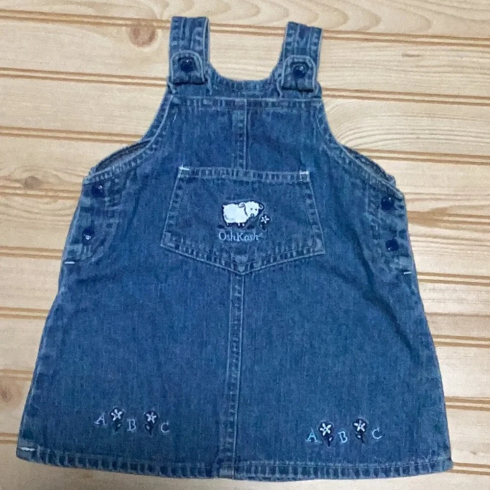 Vintage OshKosh B’Gosh Embroidered‎ Lamb Alphabet Blue Jean Denim Dress Jumper